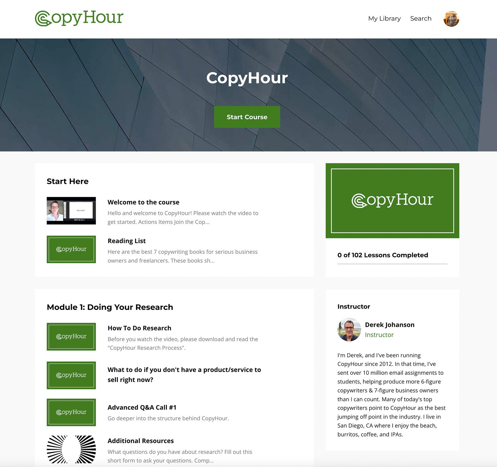 A screenshot of the Copyhour members home page.